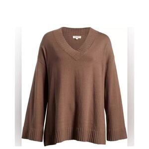 Max Studio London Brown Ribbed Hem V-Neck Pull Over Light Weight Sweater Size L